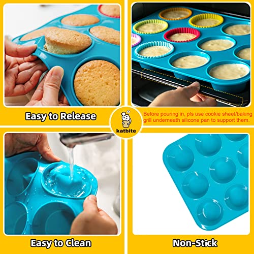 Katbite Silicone Muffin Pan, Non-Stick Bpa Free Cupcake Pans 12 Cups, Food Grade Silicone Molds With 6 Silicone Baking Cups, Reusable Muffin Tin For Egg Muffin, Cupcake, Fat Bomb, Cheesecakes #TOP3