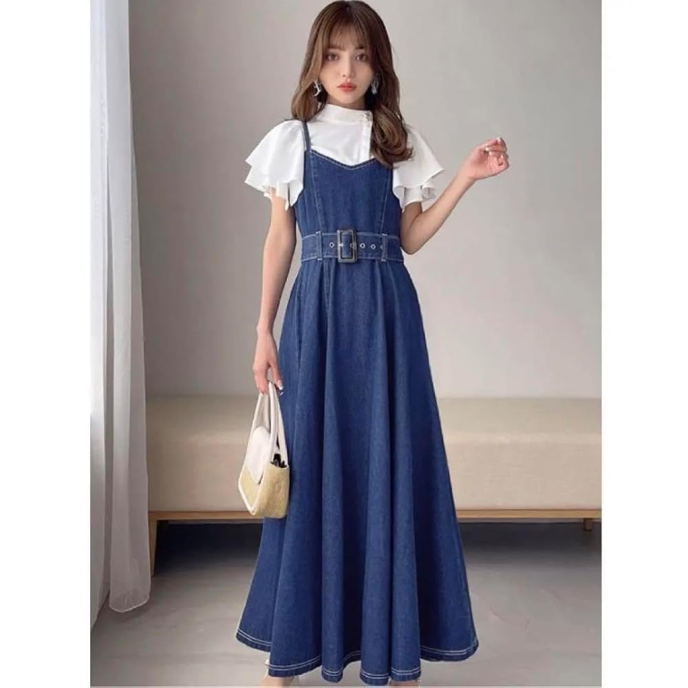 Amazon | Y103 GRL ベルト付配色ステッチデニムキャミワンピース