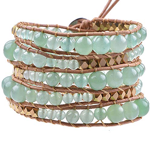 stacker energy mints - Globi Natural Stone Wrap Bracelet For Women/Men | Adjustable Multilayer Genuine Leather Boho Handmade Beaded Bracelet (Green Aventurine)