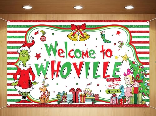 Sunwer Welcome Xmas Photo Booth Backdrop Green Christmas Winter Holiday Party Decorations Home Indoor Outdoor Wall Hanging Banner (White-A 5.93.6ft)