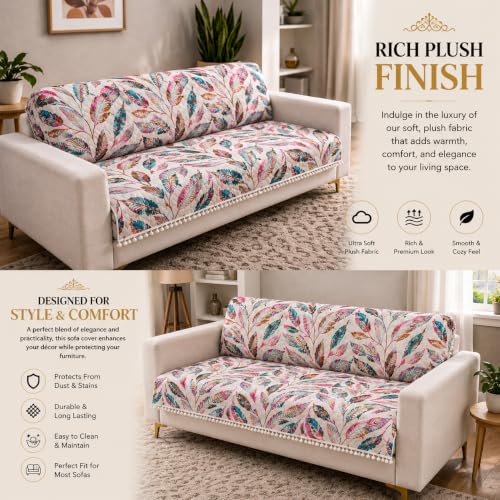 Image of Homerz Premium Printed Quilted Velvet Sofa Slip Cover Protector with Tassels, Sofa Mat, Exact Size, Antislip Cover (Multileaf, 6 (3+2+1) Seater, Full)