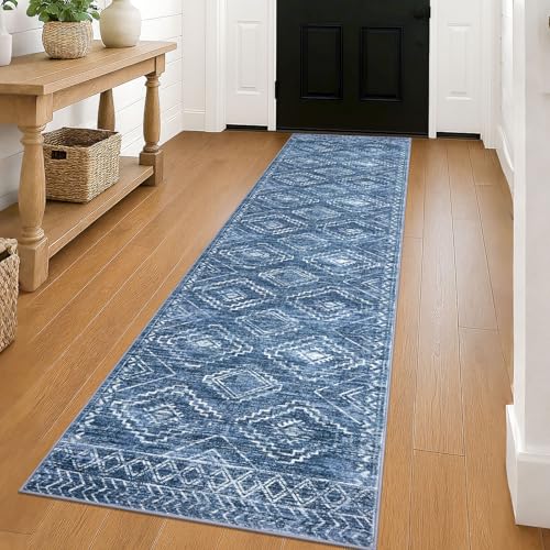 KILOCOCO Hallway Runner Rug 2x8 Runners for Hallways Washable Runner Rug Non Slip Rubber Backed Low-Pile Runners for Bedroom Kitchen Living Room Laundry Room Boho Rugs, Stonewashed Blue