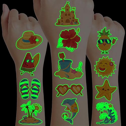 Image of 96 PCS Hello Summer Pre-Cut Luminous Glow in the dark Temporary Tattoos | Super Cute Themed Birthday Party Favors Supplies Decorations, Beach Pool Hawaiian Fake Tattoos Gifts for Boys Girls