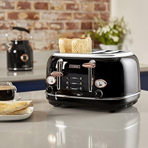 Tower Bottega T20017 4 Slice Stainless Steel Toaster with Variable Browning Control, Defrost and Reheat Settings, Black and Rose Gold