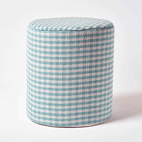 HOMESCAPES Blue Round Cotton Gingham Check Pouffe - 40 x 40 x 42 cm