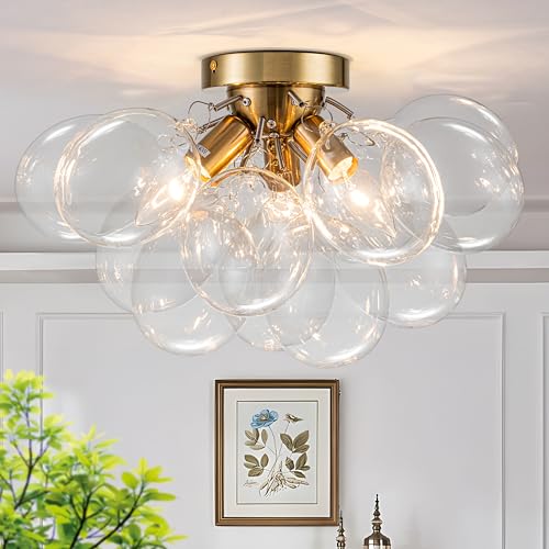 Semi Flush Mount Chandelier Gold Close to Ceiling Light Fixtures Modern Bubble Ball Glass Chandelier...