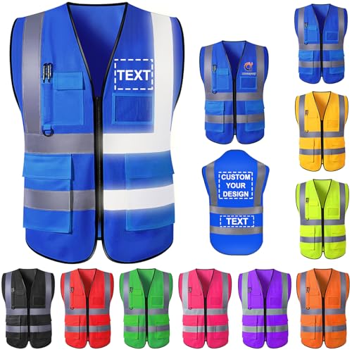 Custom Safety Vest for Men High Visibility Protective Workwear 5 Pockets With Reflective Strip Personalized Your Text/Logo/Image Safety Accessories for Outdoor Works(Blue,M)