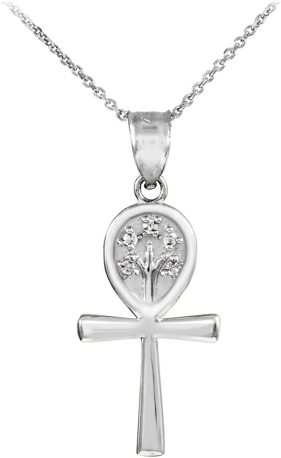 925 Sterling Silver Ankh Cross Tree of Life CZ Pendant Necklace, 18"