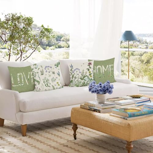 COZZSNUGE Garten Blumen Kissenbezüge 45 x 45 cm, Grüne Pflanzen Wildblumen Bauernhaus Polyester Dekorative Kissenhülle Zierkissenbezüge für Sofa Zuhause Garten Outdoor 4er Set