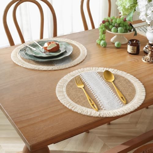 Image of HomeCloud Croshia Woven Table placemat - Heat Resistant, Washable Table Decoration for Dining, Office, Kitchen, Hotel, and Home (Round Beige White, Set of 2)