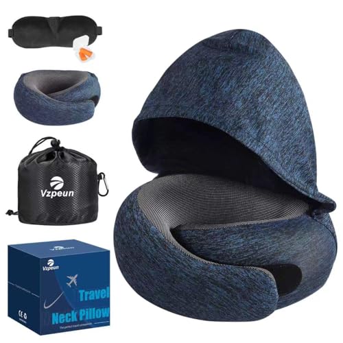 Image of Travel Pillow - Hooded Neck Pillow Airplane Memory Foam Filling for Plane, Office, Cars Sleeping, Road Trip, Long Flights, Airplane Travel Essentials, Includes Eye Mask & Earplugs