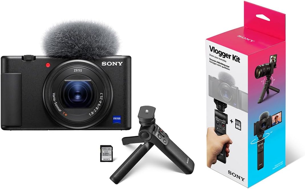 Sony ZV-1 Compact 4K HD Camera - with ACCVC1 Vlogger Accessory Kit with Wireless Bluetooth Grip/Tripod (GP-VPT2 BT) and 64GB UHS-II SD Card (SF-E64/T1)