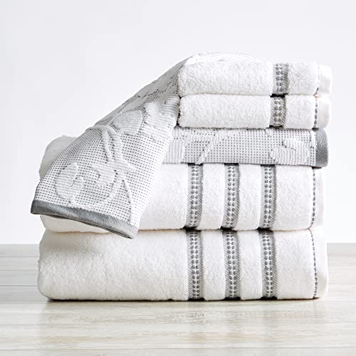 100% Cotton Floral Jacquard Bath Towels, Luxury 6 Piece Set - 2 Bath Towels, 2 Hand Towels and 2 Washcloths. Absorbent Super Plush Decorative Towels (6 Piece Set, White Grey)