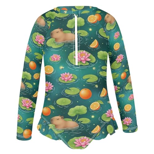 Cute Animals Orange Background Girls Rash Guard Swimsuits Long Sleeve One Pieces Bathing Suit UPF 50+ Zipper Swimwear2