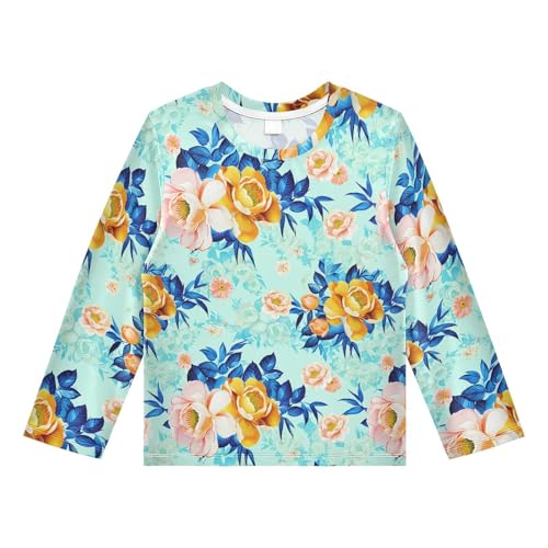DOMIKING Floral Peony Leaves Teal Boys Long Sleeve Rashguard Shirt Kids Quick Dry Swim Shirt for Kids Toddler 9-10T