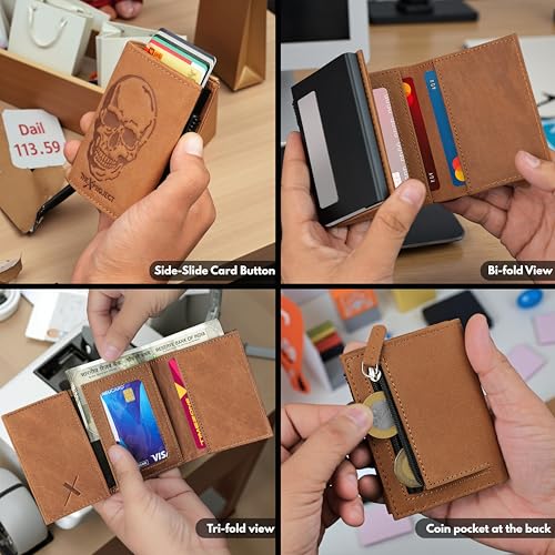 Image of The X Project Genuine Leather Wallet for Men | RFID Blocking Slim Bifold Wallet | Quick Card Eject Mechanism | Coin Pocket & ID Window | Premium Gift Box | Bold Skull Design (Tan)