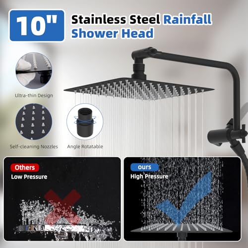 All Metal Black Shower Head, 10\" High Pressure Rainfall/Handheld Shower Combo with 11\" Extension Arm, 10-Spray Handheld Showerhead, 71\" Long Hose, 3-Way Diverter Valve, Matte Black - Thumbnail 6
