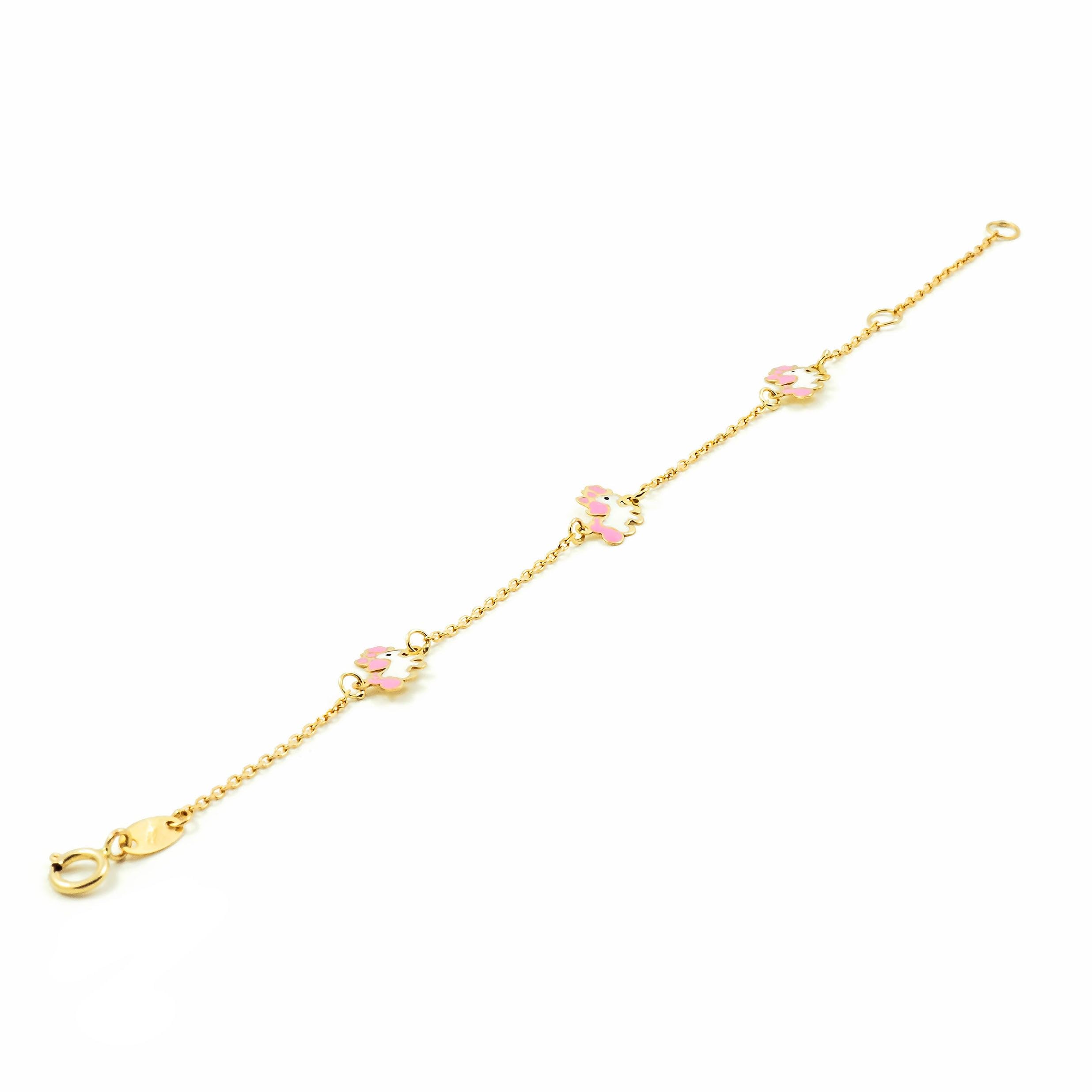 Monde Petit Bracciale bambina unicorni smaltato - oro giallo 9k (375) - Scatola Regalo - Certificato di garanzia