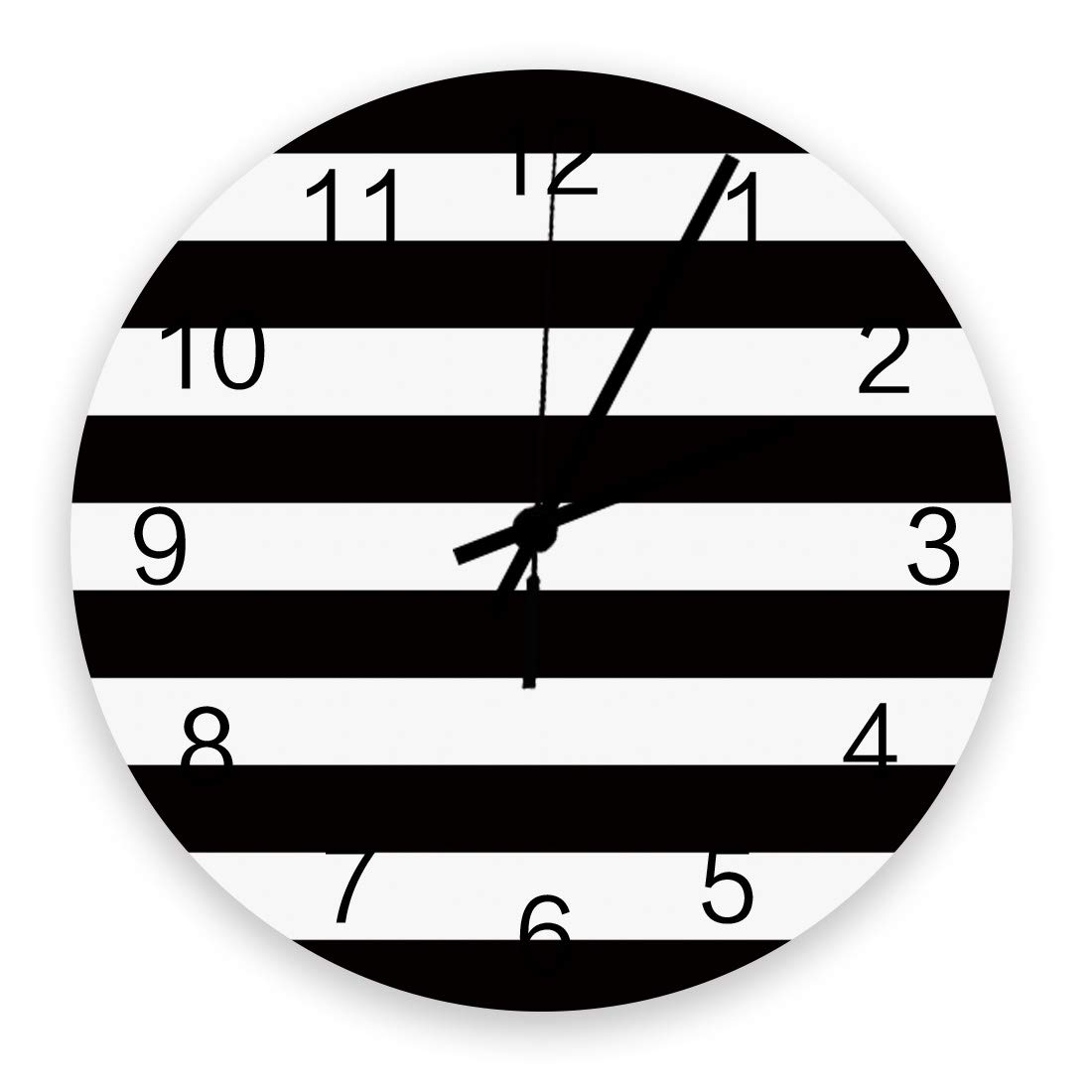 12" Silent Wall Clock Stripes Black White,Battery Operated(Non Ticking),Wooden Large Wall Clocks Round Wall Decor for Kitchen/Bathroom/Living Room/Bedroom,Geometric