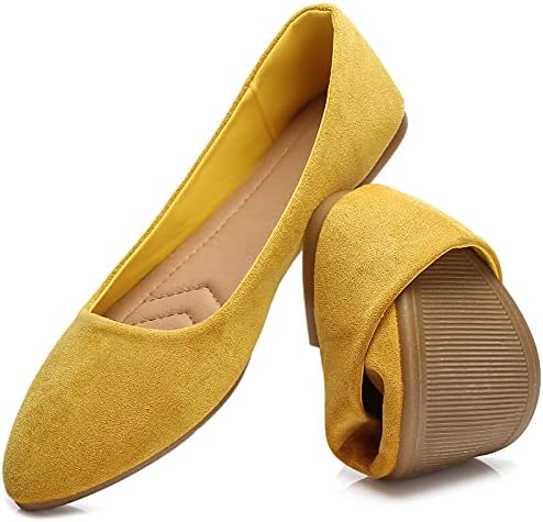 HEAWISH Women’s Black Flats Shoes Comfortable Suede Pointed Toe Slip On Casual Ballet Flats Dress Shoes Nude Flats(Yellow, US10)