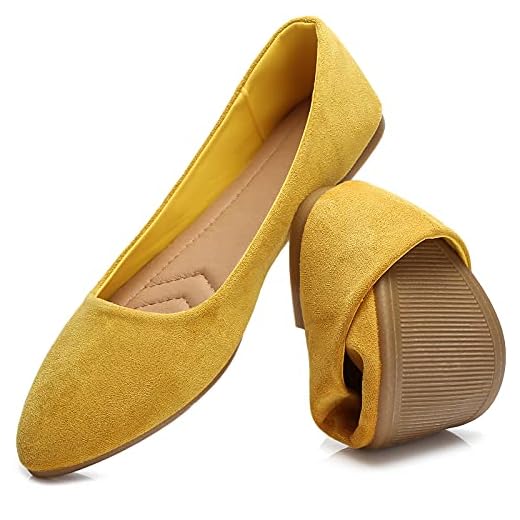 HEAWISH Women’s Black Flats Shoes Comfortable Suede Pointed Toe Slip On Casual Ballet Flats Dress Shoes Nude Flats(Yellow, US6)