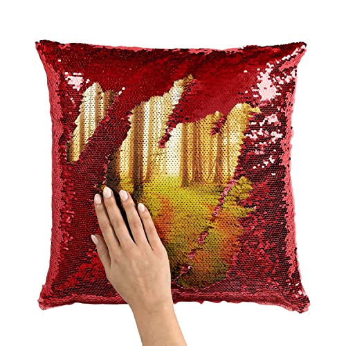 Coussin housse sequin rouge soleil forêt de pins sentier déco - 3