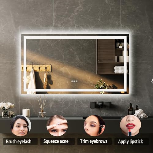 Image of GarveeHome 50x28 LED Bathroom Mirror with Lights, Dimmable, Anti-Fog, Backlit + Front Lit, Smart Bathroom Vanity Mirror for Wall, Memory Function, Shatter-Proof (Horizontal /Vertical)