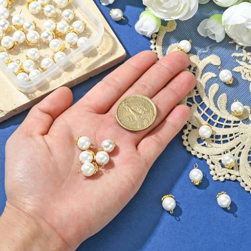 Stiesy 50Pcs 5 Styles Round Pearl Charms Shell Pearl Pendant Charm with Brass Flower Bead Caps for Jewellery Making DIY Bracelet Crafts - Image 4