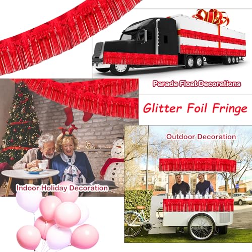 Image of 4 Pack 10 Feet Glitter Red Parade Float Decorations for Trailer Car, Glitter Foil Fringe Metallic Tinsel Streamers Banner Garland for Graduation Weeding Homecoming Birthday Party (Glitter- Red)