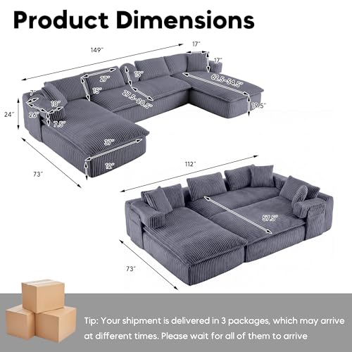 Image of Oversized Cloud Boneless Couch with Chaise, 149 inch Modern U Shape Modular Deep Seat Sectional Sofa, Comfy Corduroy Upholstered Couches for Living Room, No Assembly Required, Dark Grey