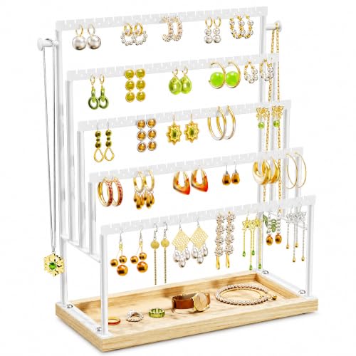 TIPSYTREE Organizador de aretes de 5 niveles con bandeja de madera adjunta, soporte grande para aretes colgantes, soporte de exhibición de almacenamiento de aretes blanco para tocador, soporte de