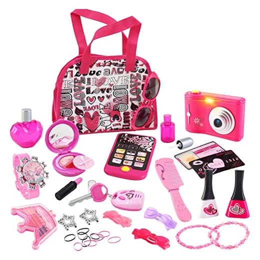 deAO Juego de Belleza Estilismo y Moda Conjunto de Accesorios Fashion Bolso de Mano Incluye Maquillaje Artificial Teléfono y Cámara de Juguete con Luz y Sonidos