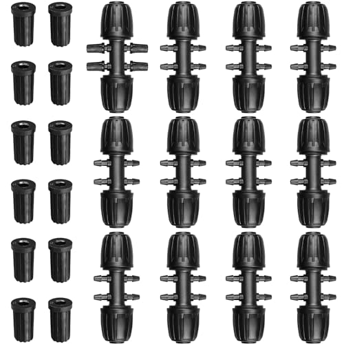 JOYPRO Drip Irrigation Fittings for 1/2 Inch to 1/4 Inch Tubing Reducing Tee 12 Pcs 1/2 to 1/4 Drip Line Anti-Drop Locked Nut Barbed Reducer 6 Way Tee Connectors & 12 Pcs End Caps for Drip Systems
