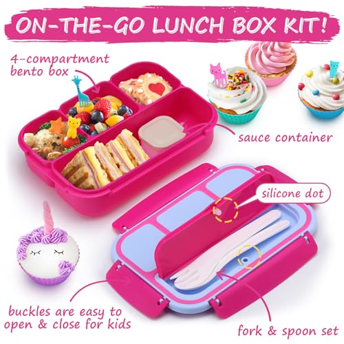 Image of QQKO Bento Box for Kids Adults, School Toddler Lunch Box for Boys Girls, Lunch Box Containers with 4 Compartments, Sauce Container, Utensils, Food Picks and Muffin Cups for School, Pink Blue
