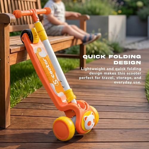 Image of Baybee Bambo Skate Scooter for Kids | 3 Wheel Kick Scooter with LED Wheels & Deck Lights with Music | 3 Height Adjustable Handle & Brake | Foldable Scooter for Kids 3 to 8 Years Boys & Girls (Orange)