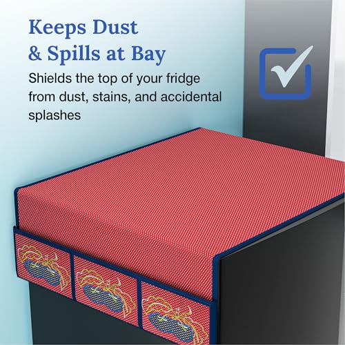 Image of Kuber Industries Cotton Fridge Top Cover | Washable & Anti-Dust Refrigerator Top Cover with 6 Utility Pockets for Kitchen | Polka Dot - Red