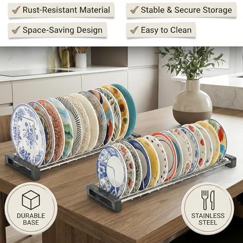 Image of Stainless Steel Plate Rack for Kitchen | Dish & Plate Stand Organizer | Rust-Resistant Countertop Plate Holder with Stable Base | Space Saving Design (Small 14 Slot / Medium 12 Slot) (Pack of 2)