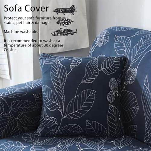 Housse de canapé extensible Cocoarm polyester protection lavable feuilles bleues