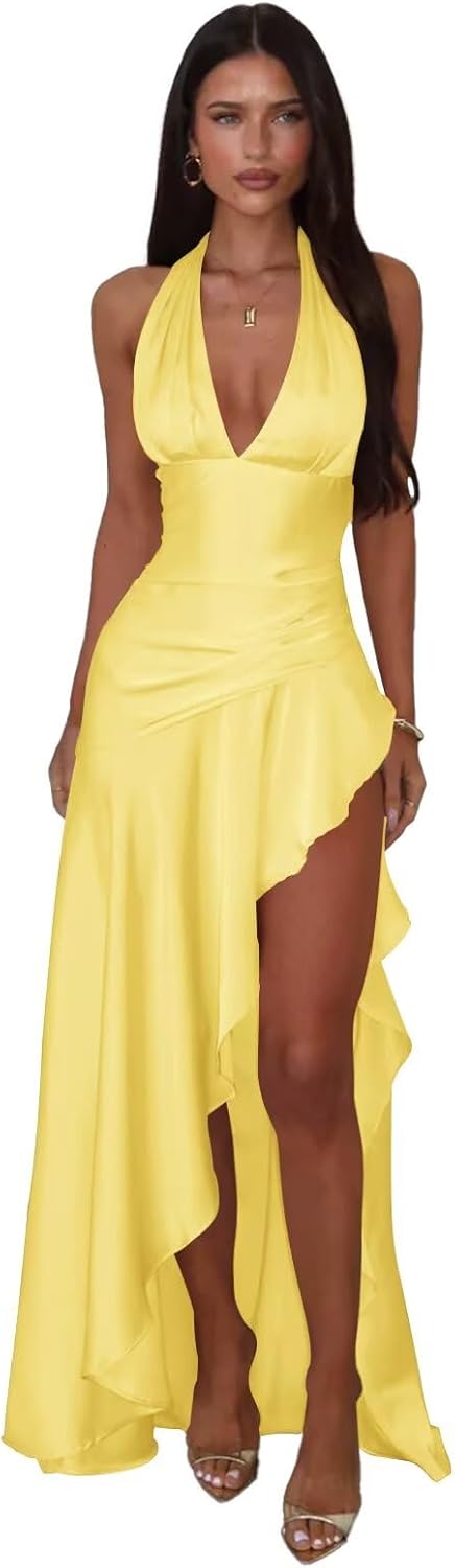 Sevintage Satin Halter Prom Dresses for Women Long High Low Formal Evening Gowns with Slit
