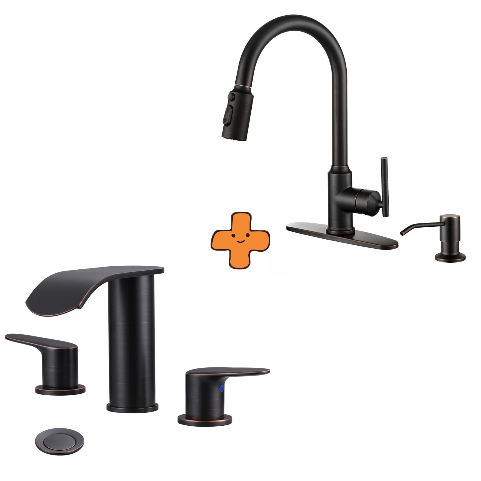 Jnfidosr Bronze Oiled Rubbed Waterfall Bathroom Faucet 3 Holes 8Inch Widespread Bathroom Sink Faucet And Kitchen Faucets With Pull Down Sprayer, Oil Rubbed Kitchen Faucet