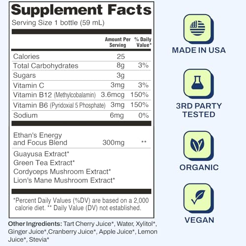 Image of Ethan's Organic Clean Energy Shots Tart Cherry Ginger, 6 Pack of 2oz | 150mg Caffeine | Green Tea, Guayusa, Lion's Mane & Cordyceps | Sugar-Free, Vegan, Gluten-Free, USDA Organic
