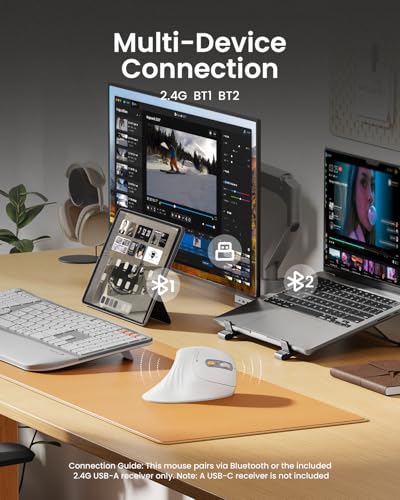 Image of ProtoArc EM11 NL Wireless Ergonomic Vertical Mouse, White | 58 vertical design supports a natural wrist posture; connect 3 devices via Bluetooth /2.4G USB-A; 500mAh USB-C rechargeable.