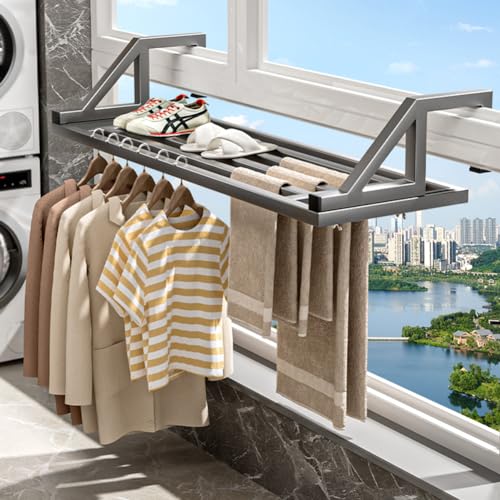 SmartMaster 物干し ベランダ物干し 幅80cm 洗濯物干し ベランダ 室内 屋外 壁付け物干し 窓枠突っ張り物干し 布団干し タオル干し 晾衣架 窓枠屋外靴乾燥ラック 超耐荷重35kg 簡単組立 物干し台・物干しラック 省スペース 隙間収納 (80cm)