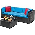 Devoko 4 Pieces Patio Furniture Sets All-Weather Outdoor Sectional Sofa Manual Weaving Wicker Rattan Patio Conversation Set with Cushion and Glass Table (Blue)