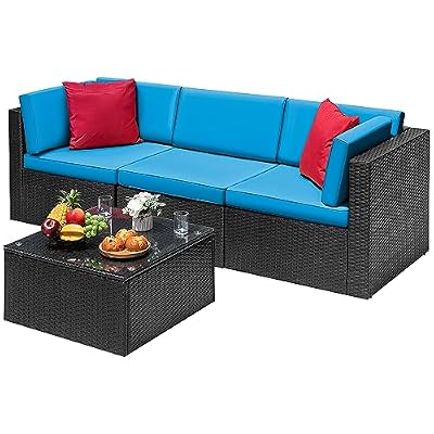 Devoko 4 Pieces Patio Furniture Sets All-Weather Outdoor Sectional Sofa Manual Weaving Wicker Rattan Patio Conversation Set with Cushion and Glass Table (Blue)