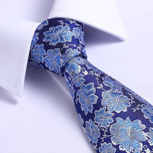 Image of HISDERN Extra Long Ties for Men Classic Floral Tie and Pocket Square Elegant Silk Necktie Handkerchief Set Wedding Party