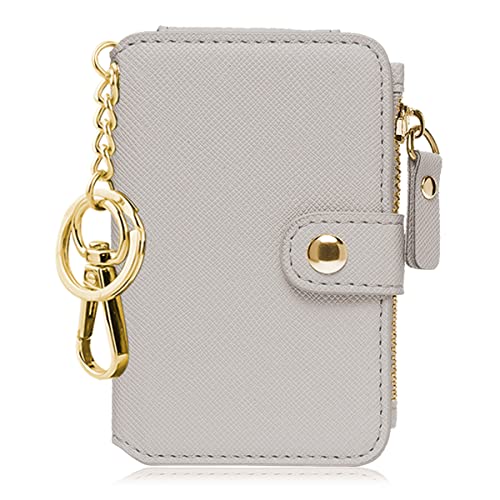 Image of Keychain wallet with ID Window，Credit Card Holder Leather, Zipper Card Case for Women, Beige, Travel Wallet