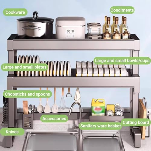 Scolapiatti in acciaio inox, resistente, per piatti e posate, organizer salvaspazio da cucina con base a ventosa e design a drenaggio rapido