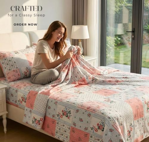 Image of HOMEKART 210 TC Cotton Double Bedsheet with 2 Pillow Covers | Soft & Breathable Luxury Bedding | Floral Printed Bed Sheet for Double Bed | 90 x 100 Inches | Pastel Heritage Patchwork