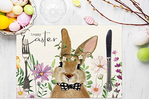 Happy Easter Bunny Placemats Set Of 4,12X18 Inch Cute Rabbit With Flowers Heat-Resistant Place Mats,Seasonal Table Decors For Farmhouse Kitchen Dining Holiday Party #TOP2